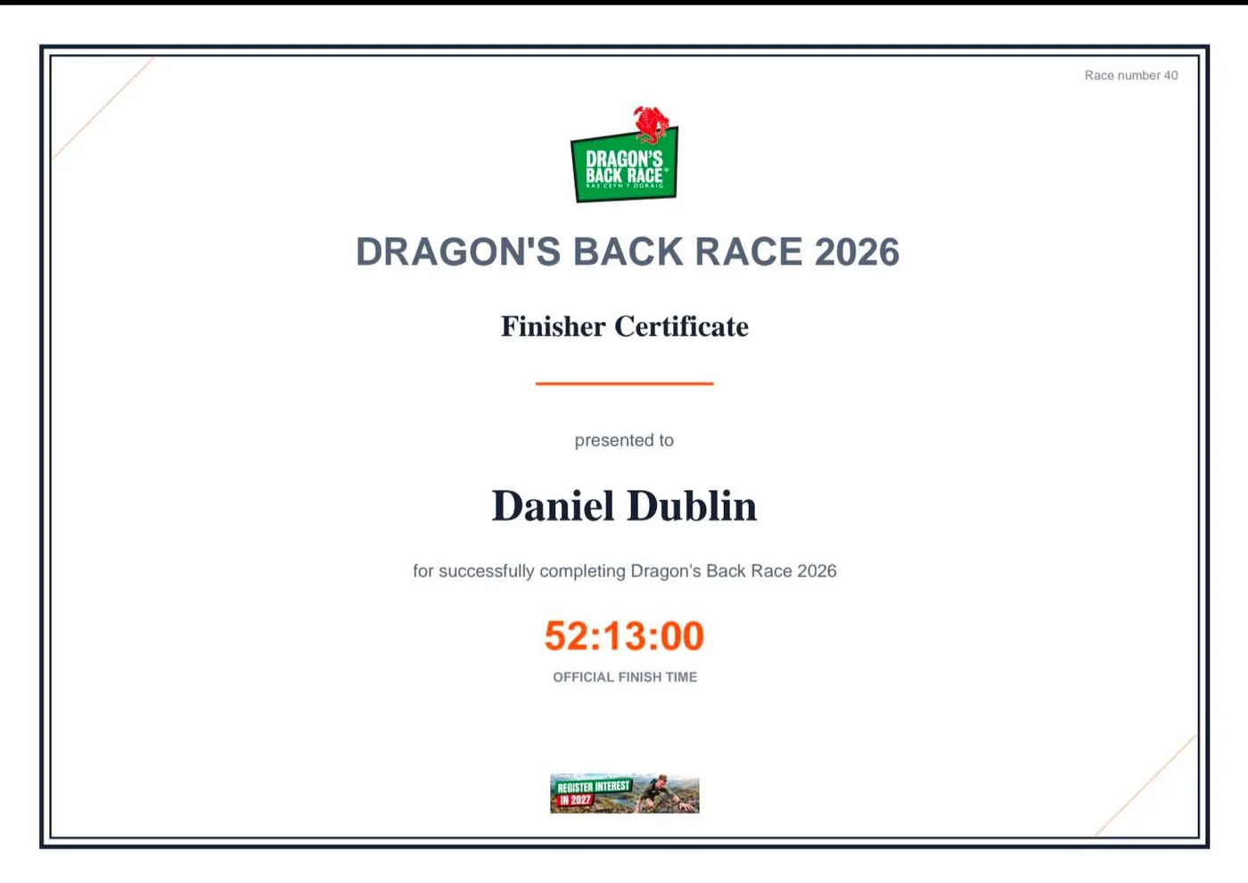 Dragon's Back Race 2026 finisher certificate for Daniel Dublin showing an official time of 52:13:00