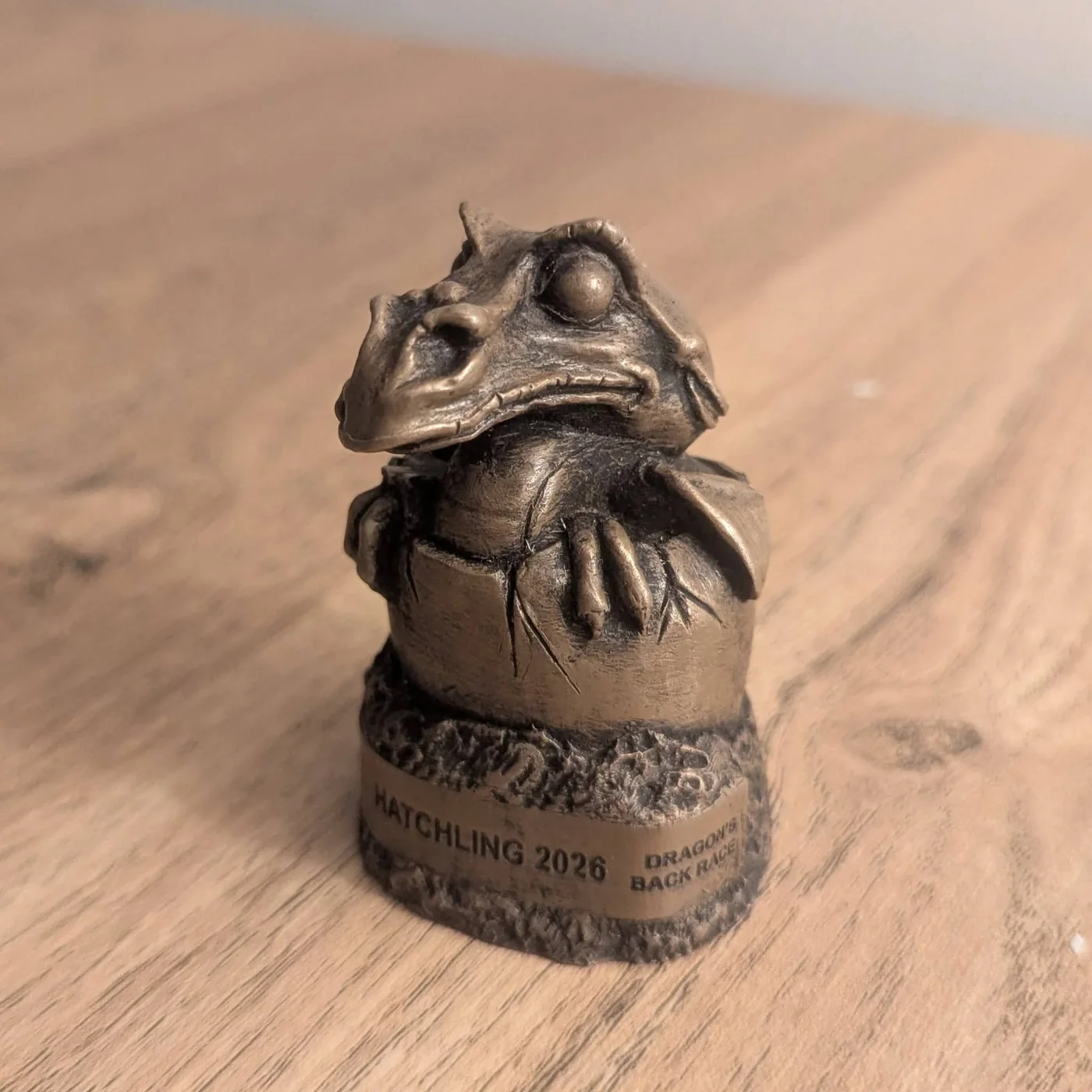 A small bronze trophy of a dragon hatching from an egg, inscribed Hatchling 2026